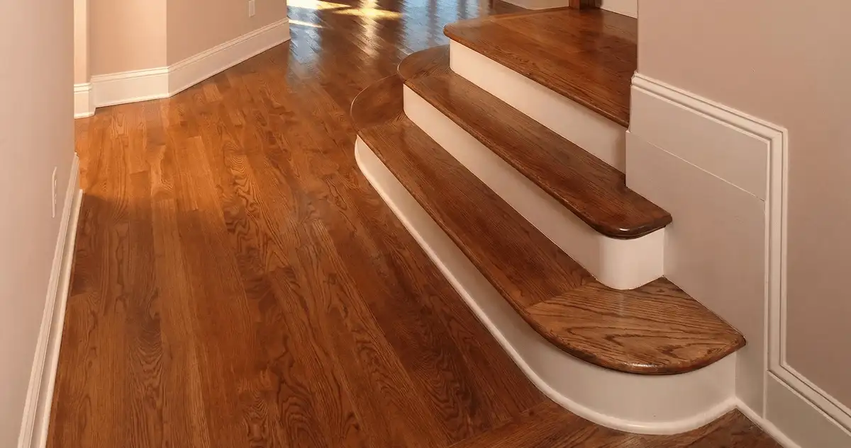 Base floor of a staircase with professionally restored wood flooring in Springfield MO