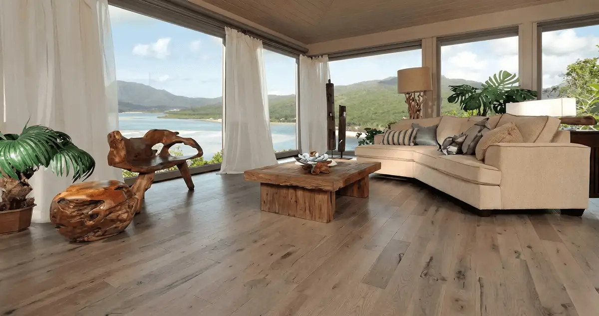 Professionally installed vinyl flooring in a modern living room with large windows in Springfield, MO